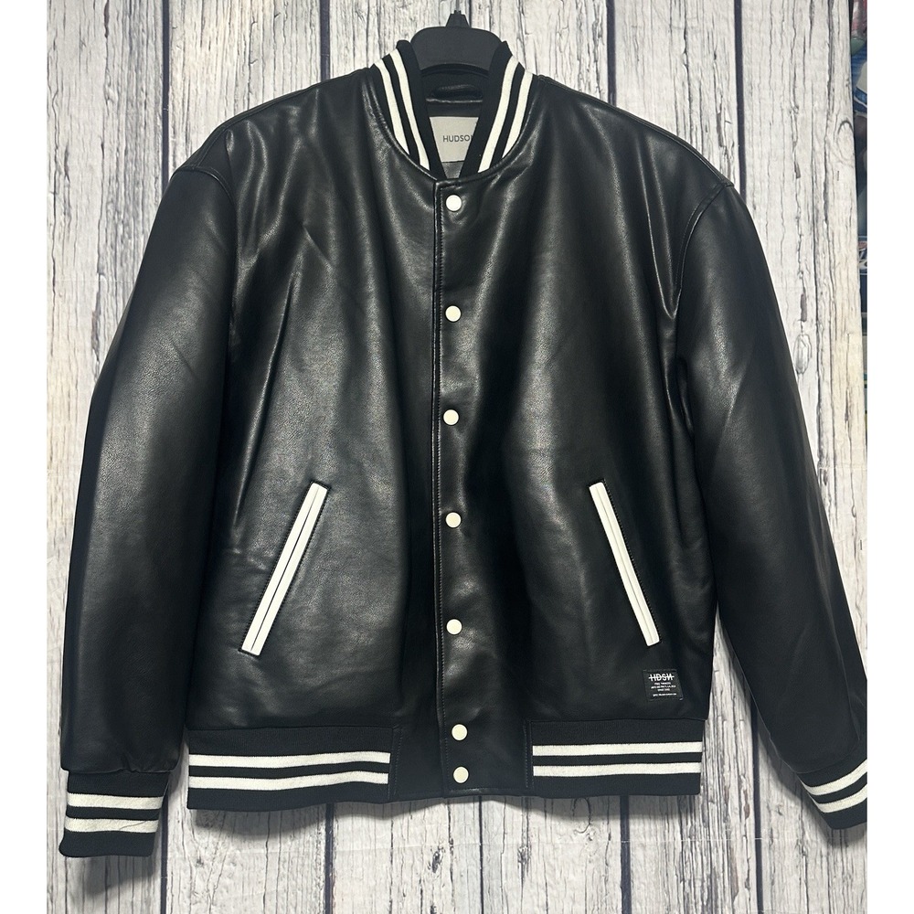 Hudson Jeans Varsity Bomber Jacket‎ Black Vegan Leather Men's XL NWT $198